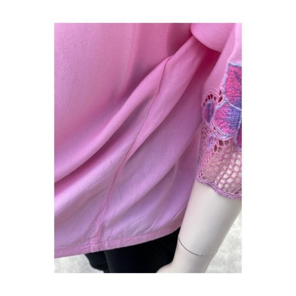 SOLD Vintage | 80s Dolman Sleeve Top Pink Purple Floral Lace 3/4 Sleeve L/XL - Picture 12 of 15